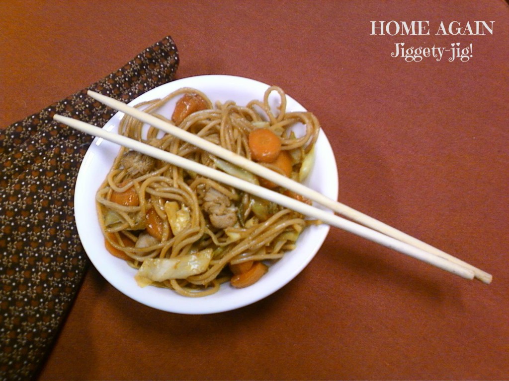 This is a recipe that uses Sesame Seed Oil in two ways, both to saute, and as a seasoning for the noodles.