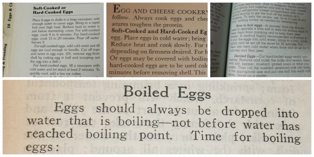 Directions from a variety of old cookbooks for hard boiling an egg.